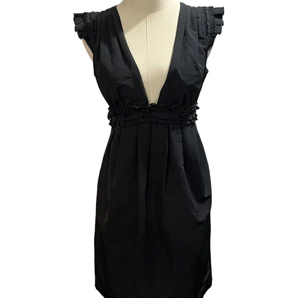 Vera Wang Cocktail Party Black‎ Plunge V-Neck Empire Waist Ruffle Dress Sz 10